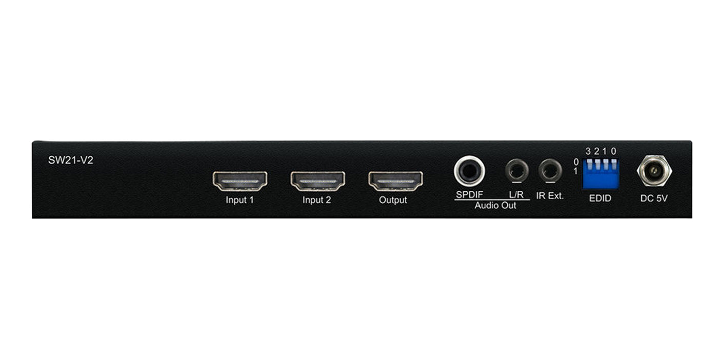 SW21AB-V2 2-way 4K HDMI switch rear view showing HDMI inputs, outputs, audio out, and power connection.