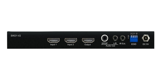 SW21AB-V2 2-way 4K HDMI switch rear view showing HDMI inputs, outputs, audio out, and power connection.
