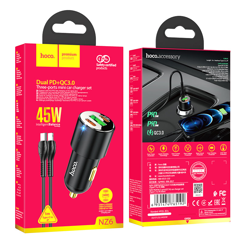 NZ6 PD45W 3-port(2C1A) car charger set(Type-C to iP)