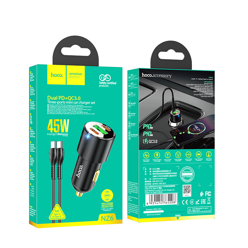 NZ6 PD45W 3-port(2C1A) car charger set(Type-C to Type-C)