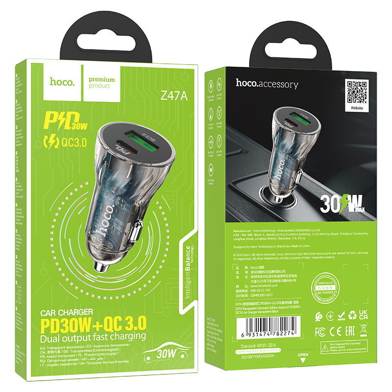 Z47A Transparent Discovery Edition dual port PD30W+QC3.0 car charger