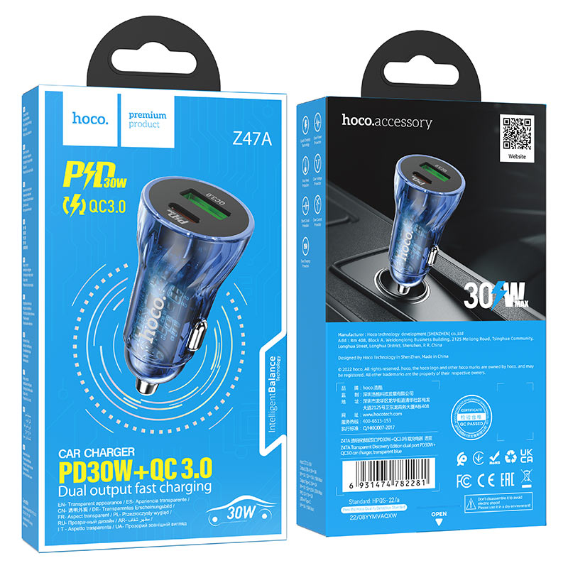 Z47A Transparent Discovery Edition dual port PD30W+QC3.0 car charger
