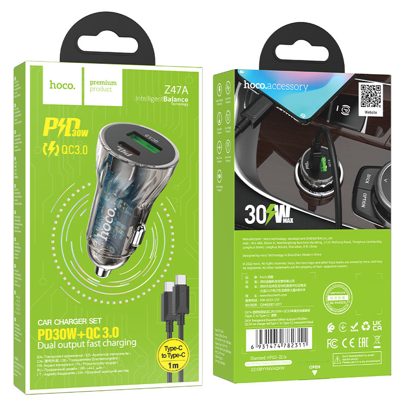 Z47A Transparent Discovery Edition dual port PD30W+QC3.0 car charger set(Type-C to Type-C)