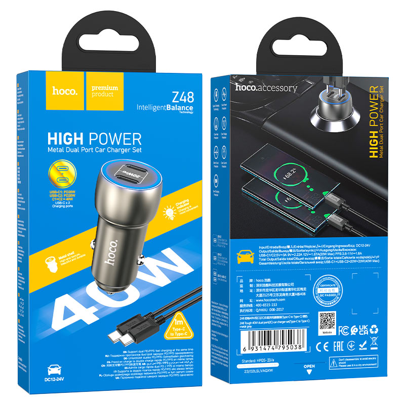 Z48 Tough 40W dual port(2C) car charger set(Type-C to Type-C)