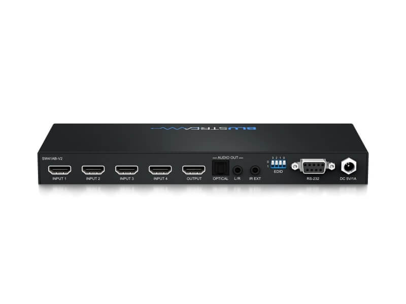 SW41AB-V2 4-way 4K HDMI switch with 4 inputs, audio output, and control ports.